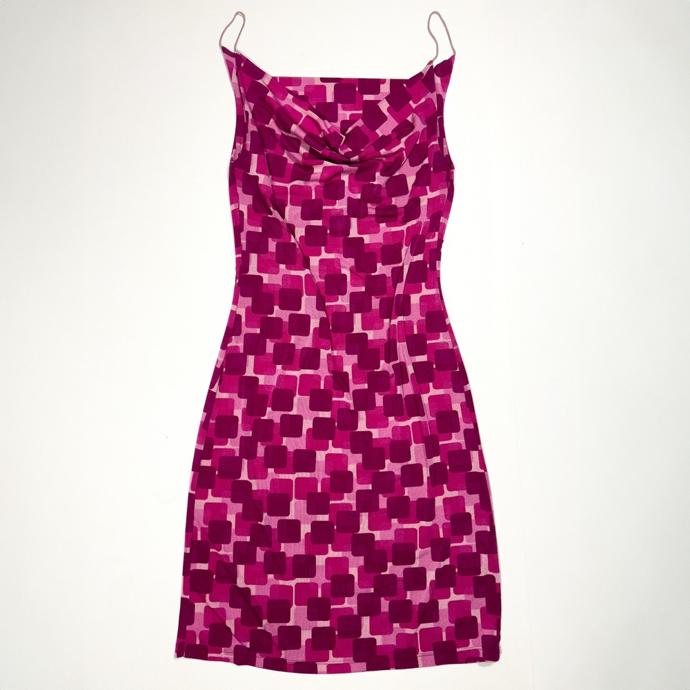 Chesley Y2K Pink Geometric Midi Dress Cowl Neck‎ Spaghetti Strap Vintage